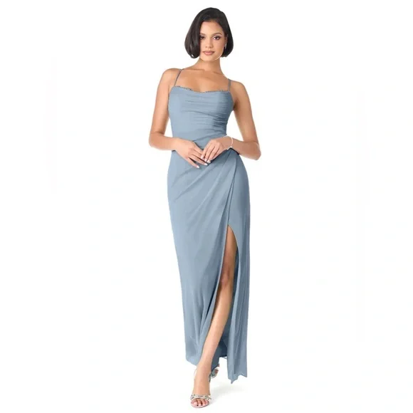 david's bridal one shoulder lace bridesmaid dress Dusty Blue Off the Shoulder Lace Long Prom Dress, A-Line Shiny Tulle E